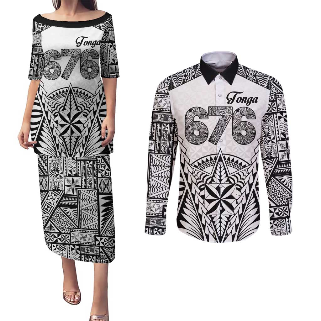 Personalised Tonga 676 Couples Matching Puletasi and Long Sleeve Button Shirt Tribal Kupesi Ngatu Unique LT9 White - Polynesian Pride