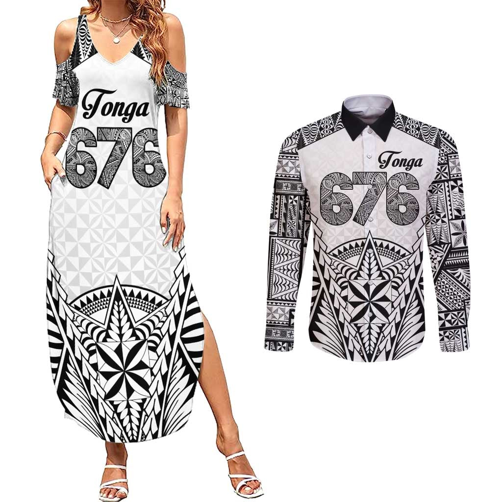 Personalised Tonga 676 Couples Matching Summer Maxi Dress and Long Sleeve Button Shirt Tribal Kupesi Ngatu Unique LT9 White - Polynesian Pride