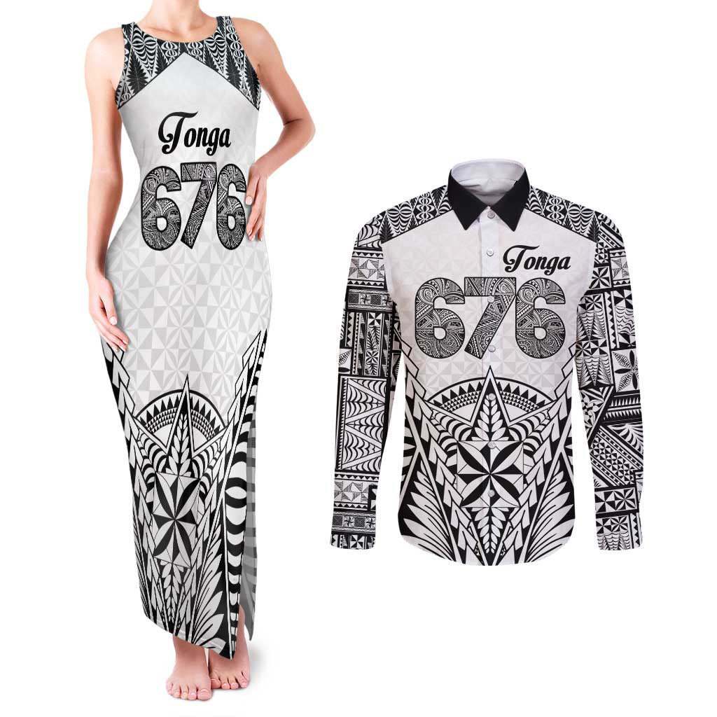 Personalised Tonga 676 Couples Matching Tank Maxi Dress and Long Sleeve Button Shirt Tribal Kupesi Ngatu Unique LT9 White - Polynesian Pride