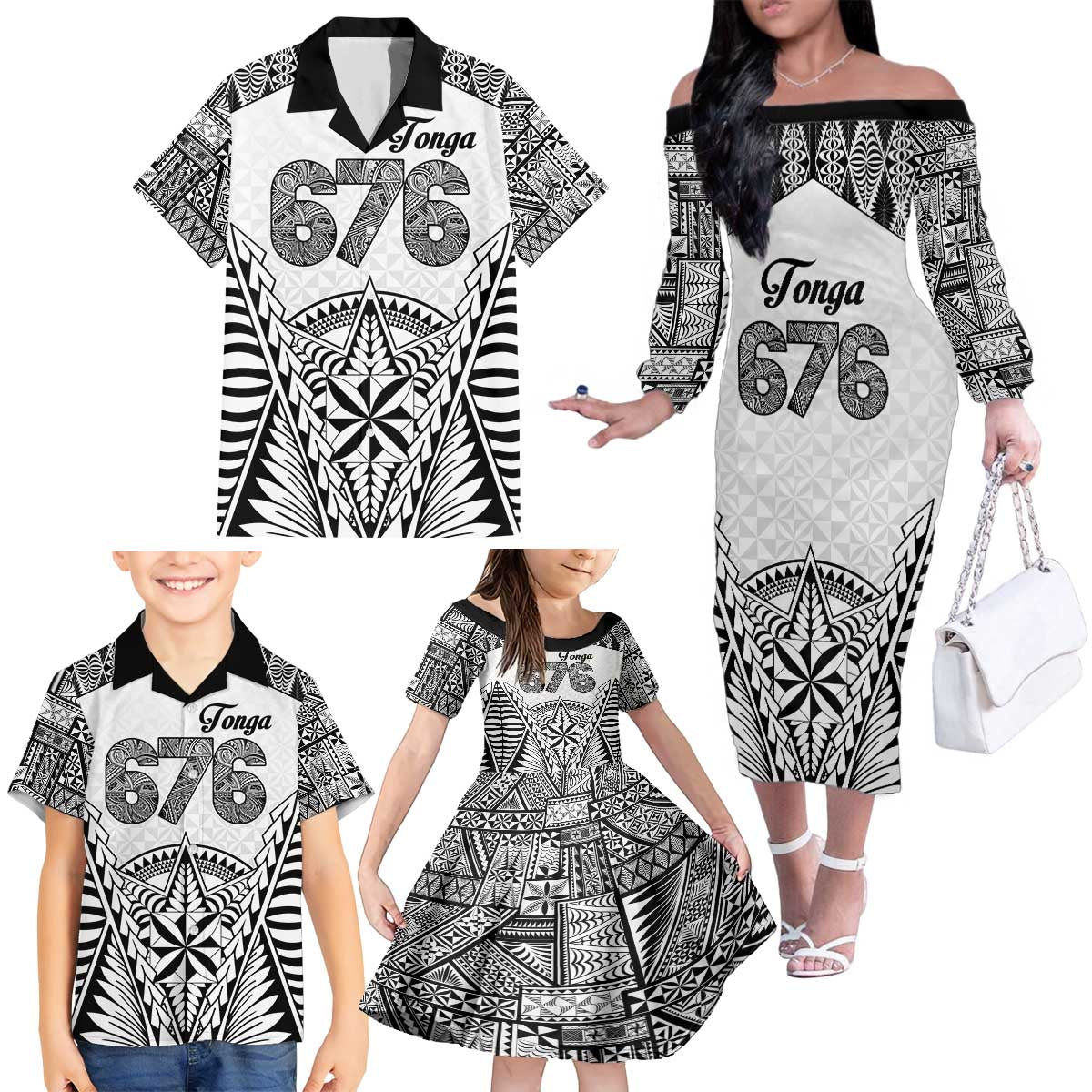 Personalised Tonga 676 Family Matching Off The Shoulder Long Sleeve Dress and Hawaiian Shirt Tribal Kupesi Ngatu Unique