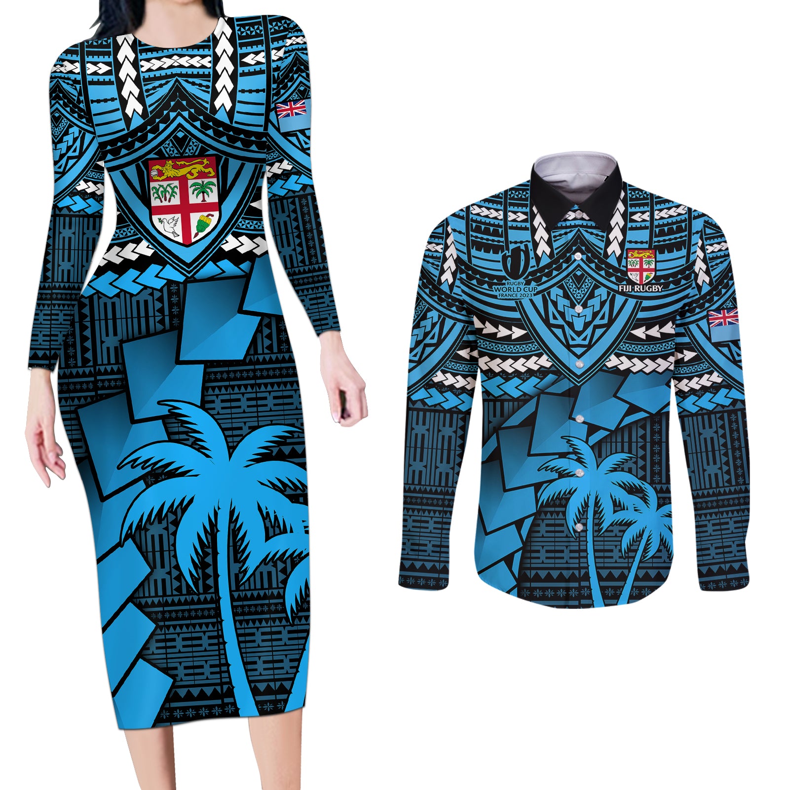 Fiji Rugby Couples Matching Long Sleeve Bodycon Dress and Long Sleeve Button Shirts Go Fijian Tapa Arty with World Cup Vibe LT9 Blue - Polynesian Pride