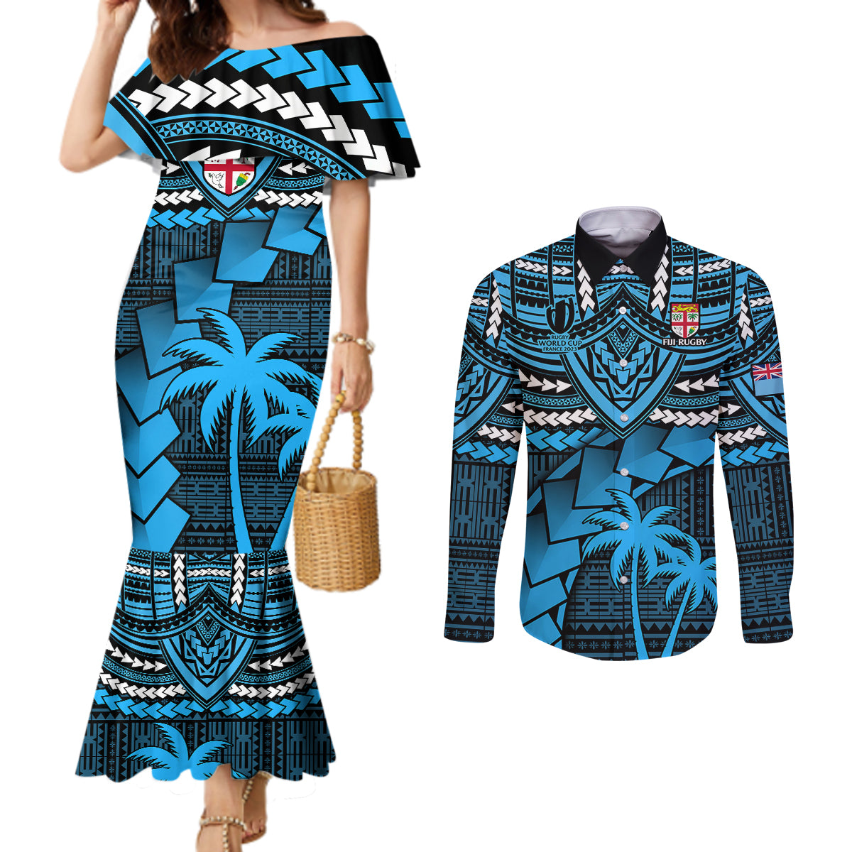 Fiji Rugby Couples Matching Mermaid Dress and Long Sleeve Button Shirts Go Fijian Tapa Arty with World Cup Vibe LT9 Blue - Polynesian Pride