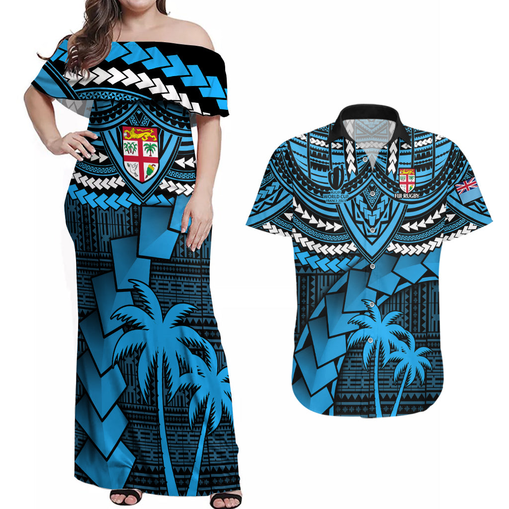 Fiji Rugby Couples Matching Off Shoulder Maxi Dress and Hawaiian Shirt Go Fijian Tapa Arty with World Cup Vibe LT9 Blue - Polynesian Pride