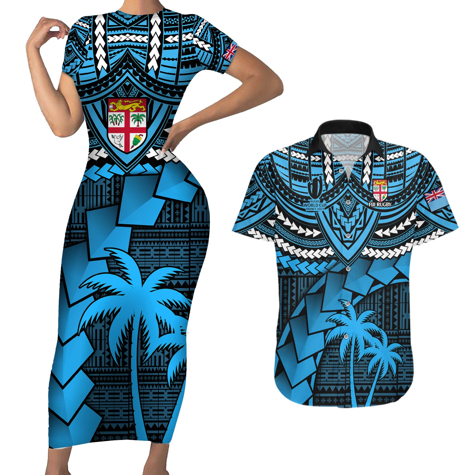 Fiji Rugby Couples Matching Short Sleeve Bodycon Dress and Hawaiian Shirt Go Fijian Tapa Arty with World Cup Vibe LT9 Blue - Polynesian Pride