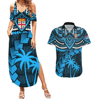 Fiji Rugby Couples Matching Summer Maxi Dress and Hawaiian Shirt Go Fijian Tapa Arty with World Cup Vibe LT9 Blue - Polynesian Pride