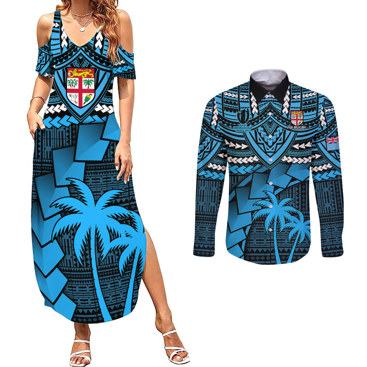 Fiji Rugby Couples Matching Summer Maxi Dress and Long Sleeve Button Shirts Go Fijian Tapa Arty with World Cup Vibe LT9 Blue - Polynesian Pride