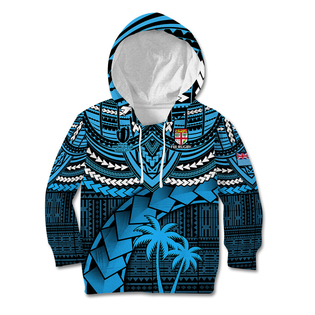 Fiji Rugby Kid Hoodie Go Fijian Tapa Arty with World Cup Vibe LT9 Blue - Polynesian Pride