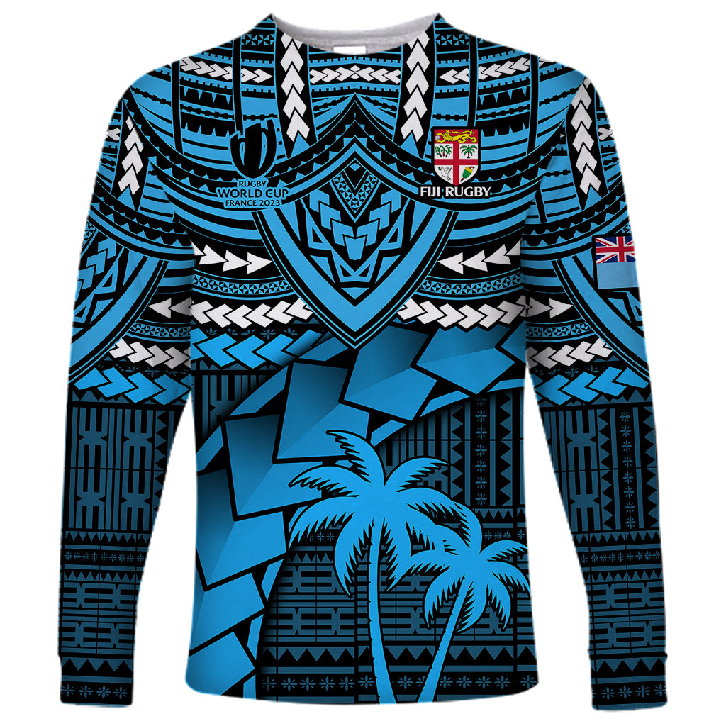 Fiji Rugby Long Sleeve Shirt Go Fijian Tapa Arty with World Cup Vibe LT9 Unisex Blue - Polynesian Pride