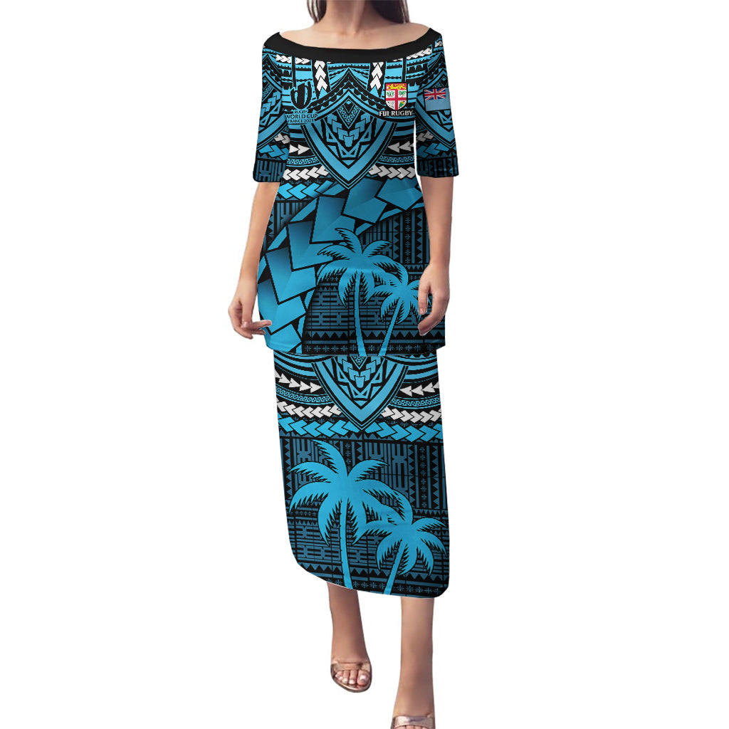 Fiji Rugby Puletasi Go Fijian Tapa Arty with World Cup Vibe LT9 Long Dress Blue - Polynesian Pride