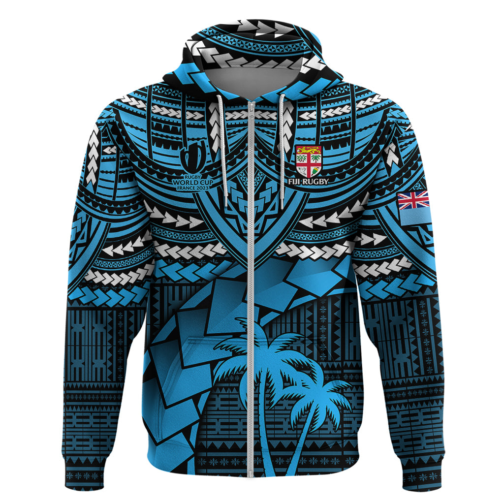 Custom Fiji Rugby Hoodie Go Fijian Tapa Arty with World Cup Vibe LT9 Zip Hoodie Blue - Polynesian Pride