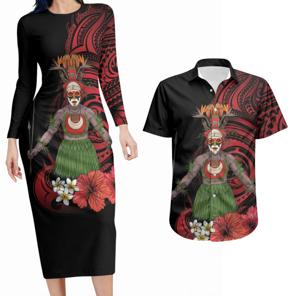 Huli Wigmen Tribe Hela Province Couples Matching Long Sleeve Bodycon Dress and Hawaiian Shirt Papua New Guinea Indigenous Pattern LT9 Black - Polynesian Pride