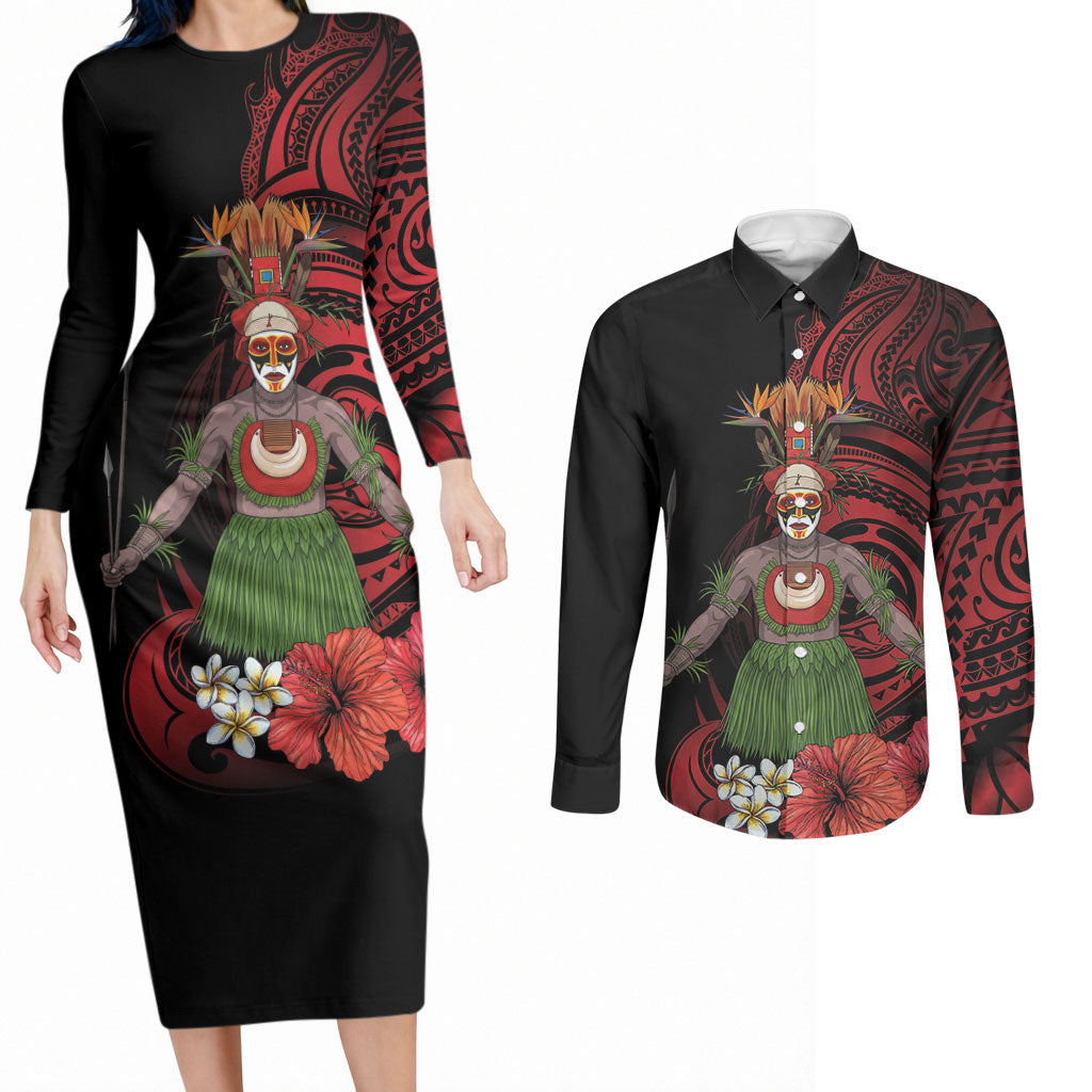 Huli Wigmen Tribe Hela Province Couples Matching Long Sleeve Bodycon Dress and Long Sleeve Button Shirt Papua New Guinea Indigenous Pattern LT9 Black - Polynesian Pride