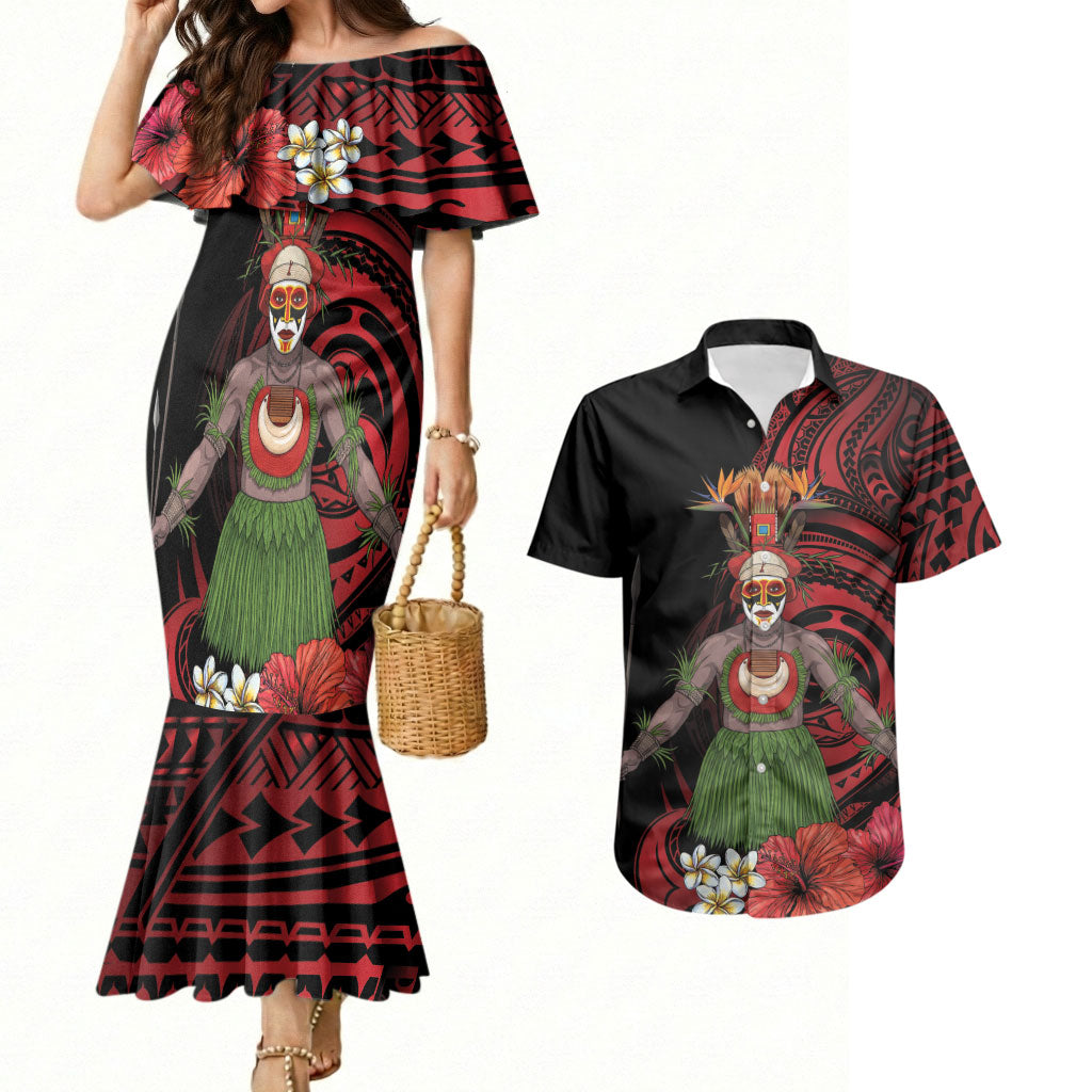 Huli Wigmen Tribe Hela Province Couples Matching Mermaid Dress and Hawaiian Shirt Papua New Guinea Indigenous Pattern LT9 Black - Polynesian Pride