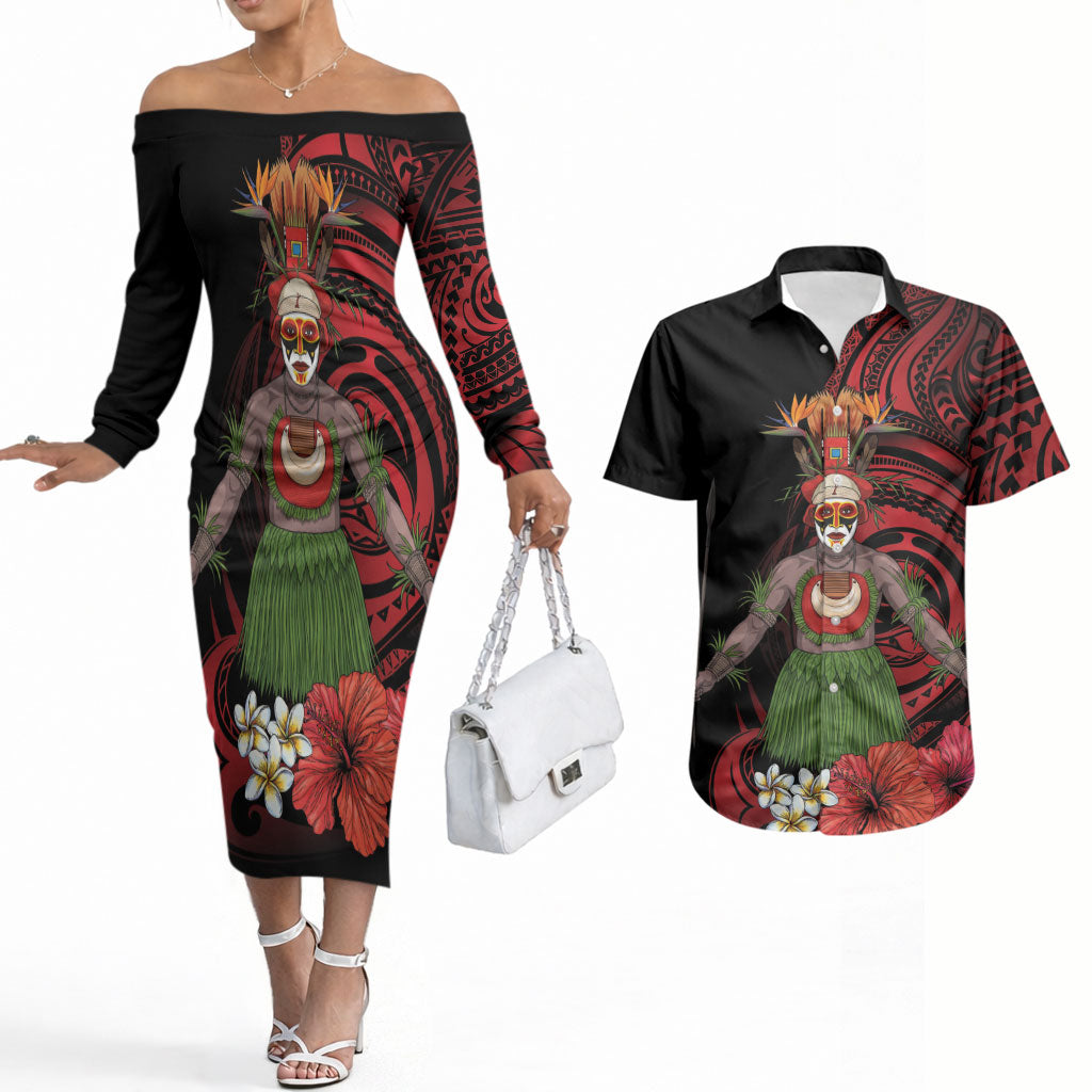 Huli Wigmen Tribe Hela Province Couples Matching Off The Shoulder Long Sleeve Dress and Hawaiian Shirt Papua New Guinea Indigenous Pattern LT9 Black - Polynesian Pride