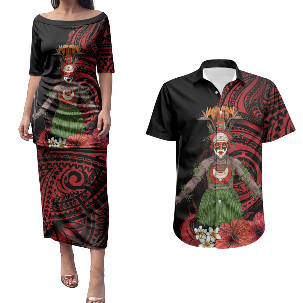 Huli Wigmen Tribe Hela Province Couples Matching Puletasi and Hawaiian Shirt Papua New Guinea Indigenous Pattern LT9 Black - Polynesian Pride