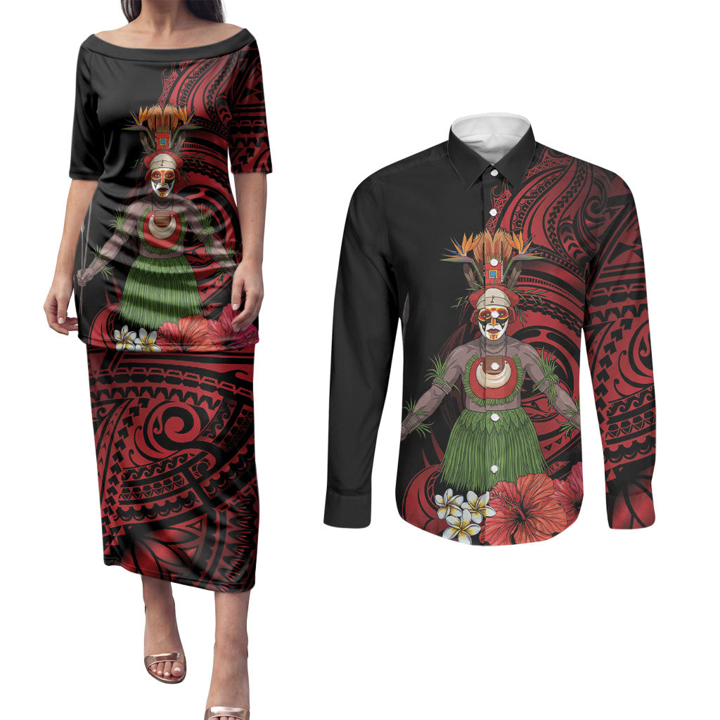 Huli Wigmen Tribe Hela Province Couples Matching Puletasi and Long Sleeve Button Shirt Papua New Guinea Indigenous Pattern LT9 Black - Polynesian Pride