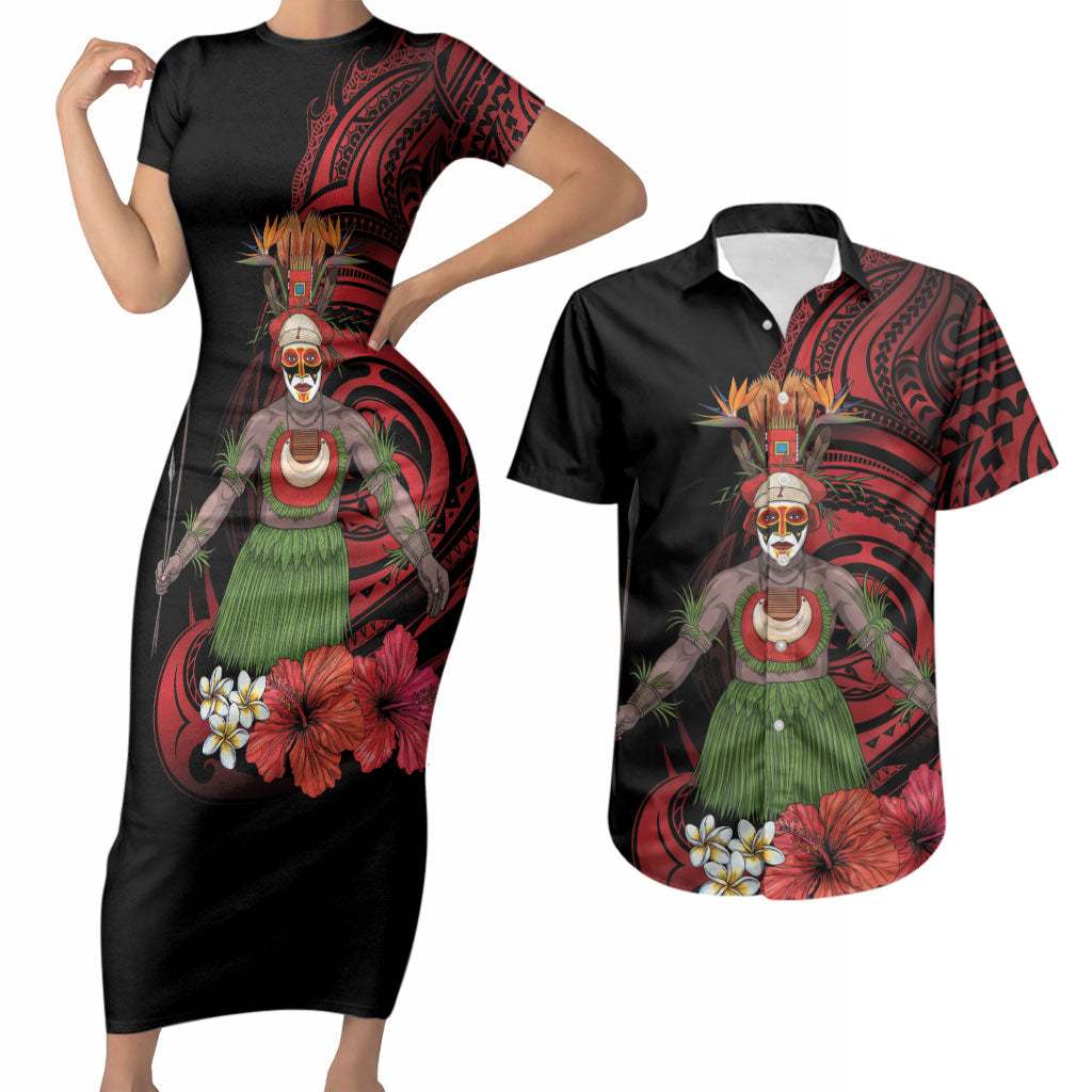 Huli Wigmen Tribe Hela Province Couples Matching Short Sleeve Bodycon Dress and Hawaiian Shirt Papua New Guinea Indigenous Pattern LT9 Black - Polynesian Pride