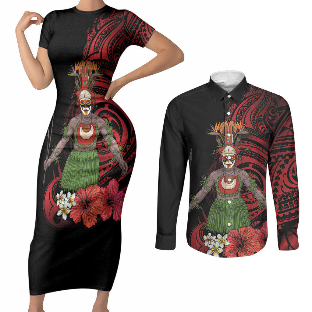 Huli Wigmen Tribe Hela Province Couples Matching Short Sleeve Bodycon Dress and Long Sleeve Button Shirt Papua New Guinea Indigenous Pattern LT9 Black - Polynesian Pride