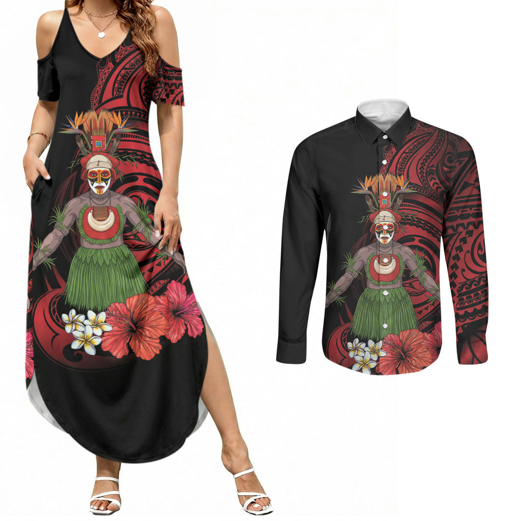 Huli Wigmen Tribe Hela Province Couples Matching Summer Maxi Dress and Long Sleeve Button Shirt Papua New Guinea Indigenous Pattern LT9 Black - Polynesian Pride