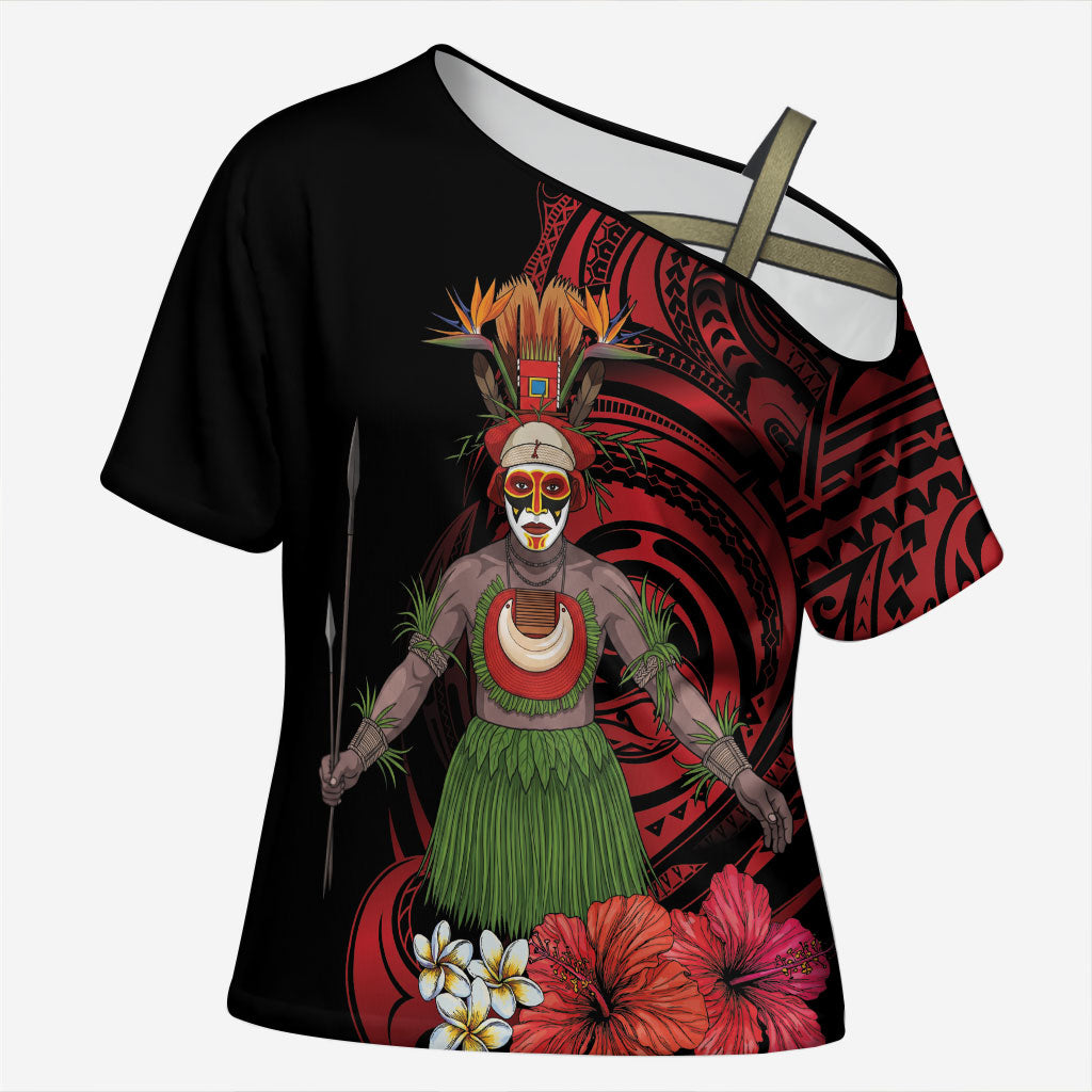 Huli Wigmen Tribe Hela Province Cross Shoulder Shirt Papua New Guinea Indigenous Pattern LT9 Female Black - Polynesian Pride