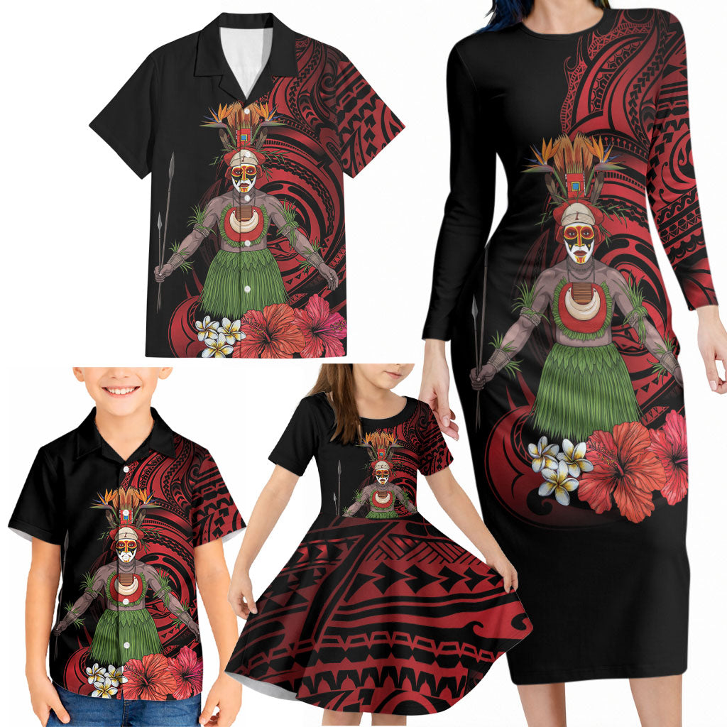 Huli Wigmen Tribe Hela Province Family Matching Long Sleeve Bodycon Dress and Hawaiian Shirt Papua New Guinea Indigenous Pattern LT9 - Polynesian Pride