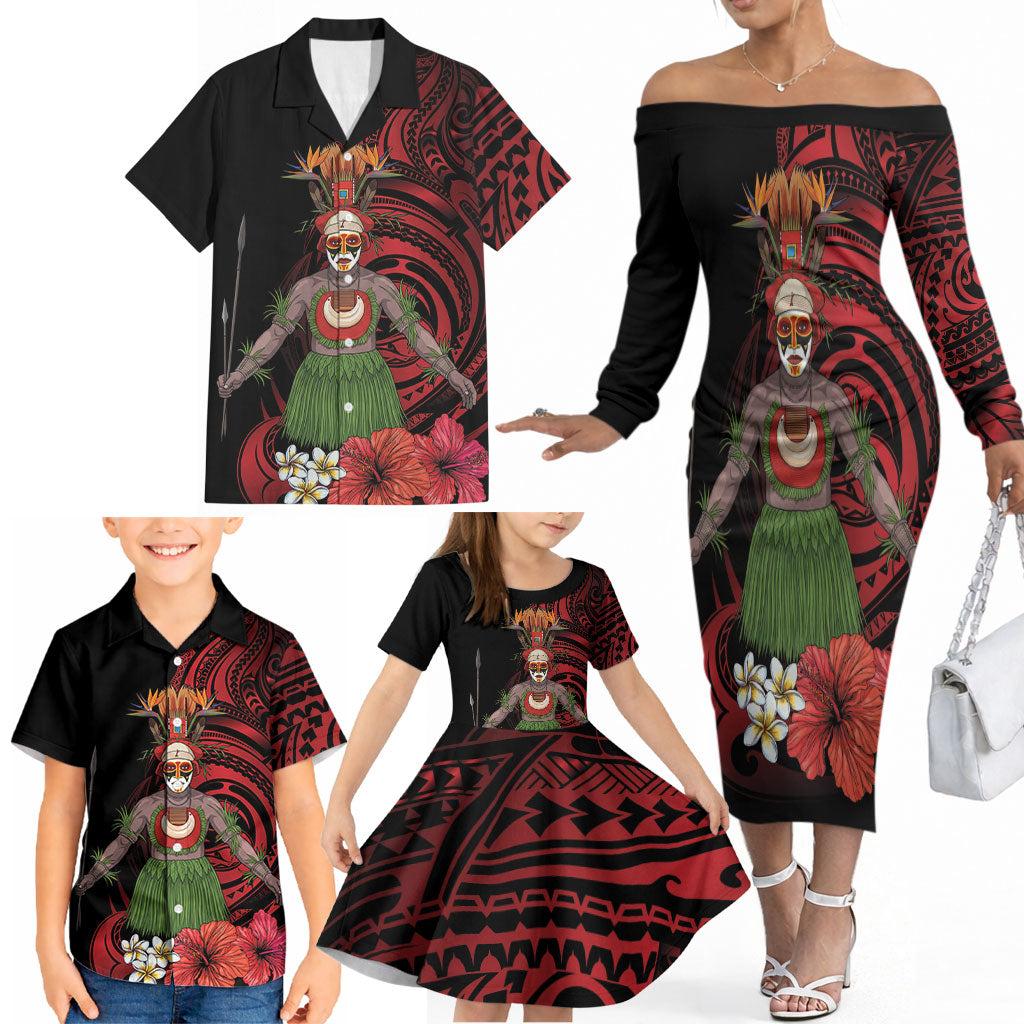 Huli Wigmen Tribe Hela Province Family Matching Off The Shoulder Long Sleeve Dress and Hawaiian Shirt Papua New Guinea Indigenous Pattern LT9 - Polynesian Pride