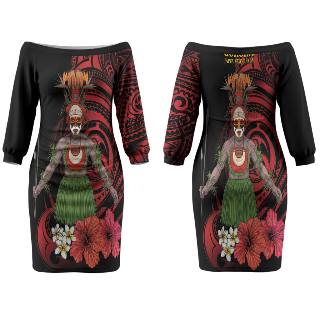 Huli Wigmen Tribe Hela Province Family Matching Off The Shoulder Long Sleeve Dress and Hawaiian Shirt Papua New Guinea Indigenous Pattern LT9 Mom's Dress Black - Polynesian Pride