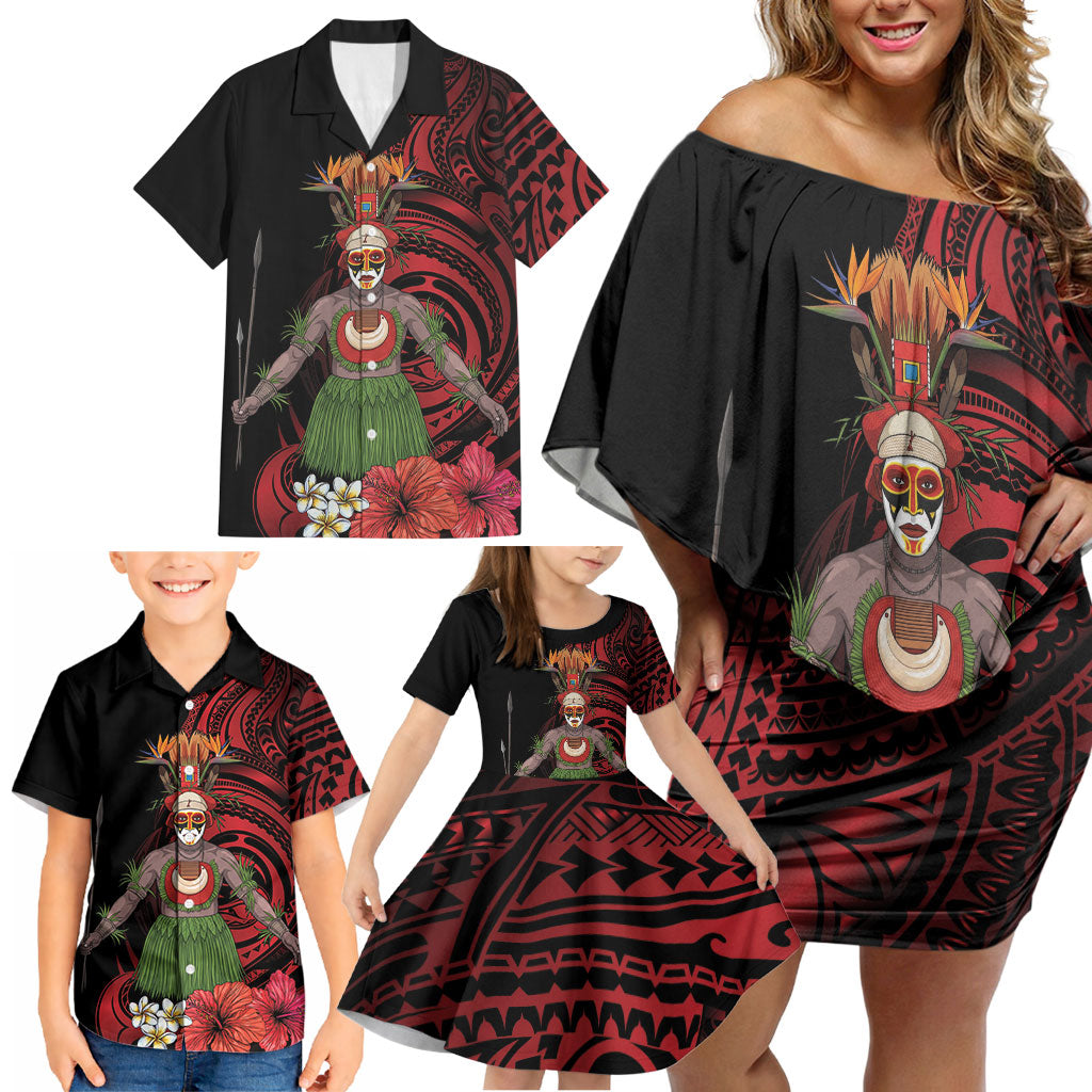 Huli Wigmen Tribe Hela Province Family Matching Off Shoulder Short Dress and Hawaiian Shirt Papua New Guinea Indigenous Pattern LT9 - Polynesian Pride