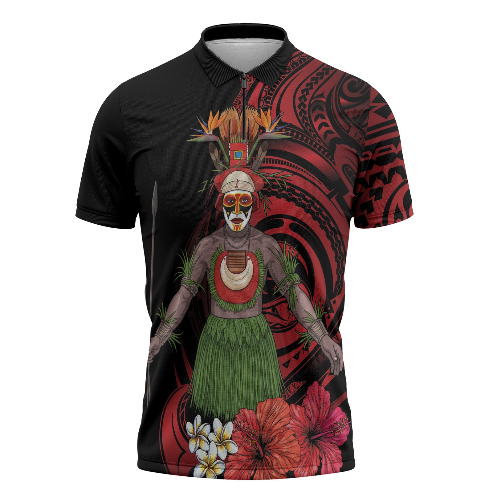 Huli Wigmen Tribe Hela Province Zipper Polo Shirt Papua New Guinea Indigenous Pattern LT9 Black - Polynesian Pride