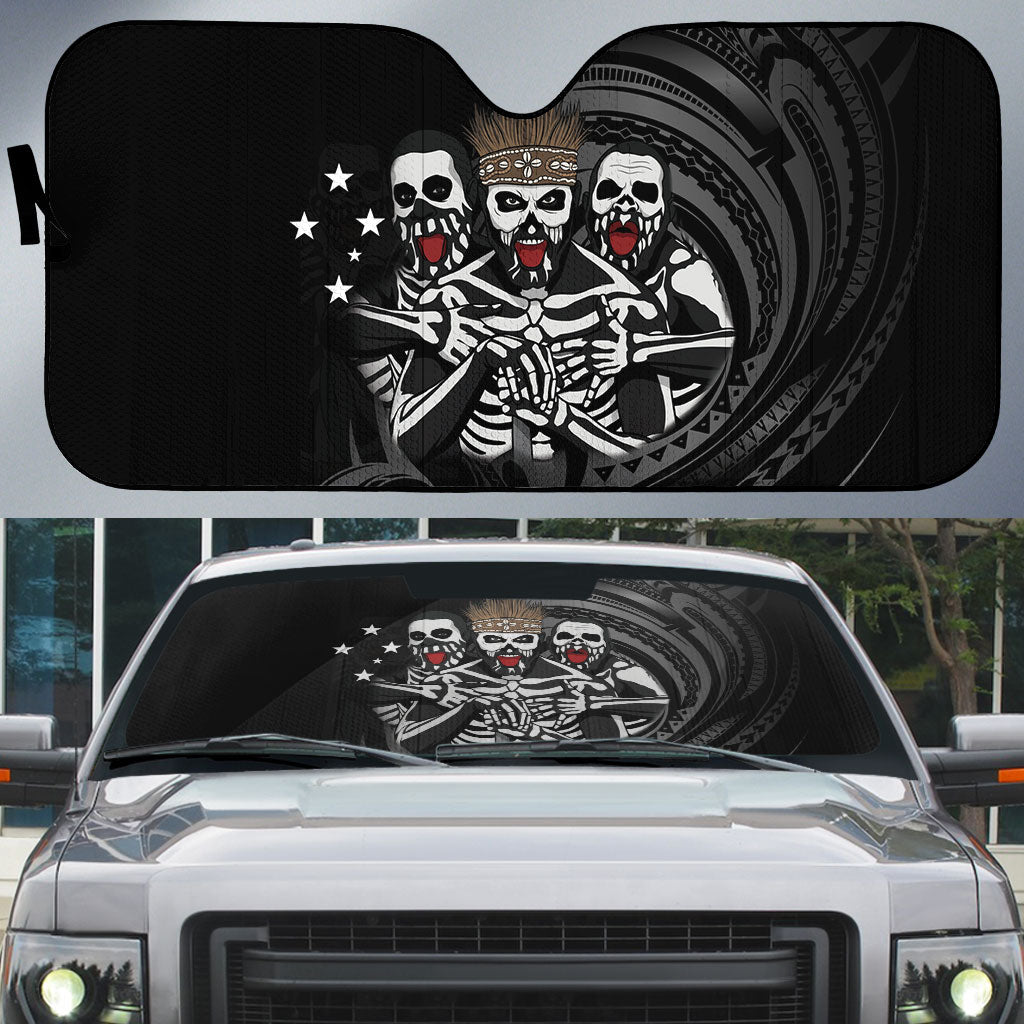 Skeleton Tribe Simbu Province Auto Sun Shade Papua New Guinea Indigenous Pattern LT9 Black - Polynesian Pride