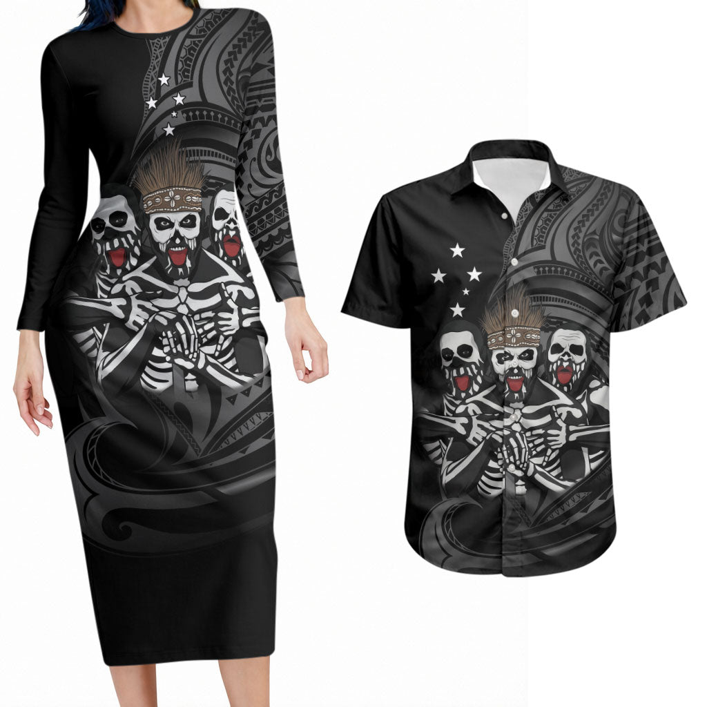 Skeleton Tribe Simbu Province Couples Matching Long Sleeve Bodycon Dress and Hawaiian Shirt Papua New Guinea Indigenous Pattern LT9 Black - Polynesian Pride