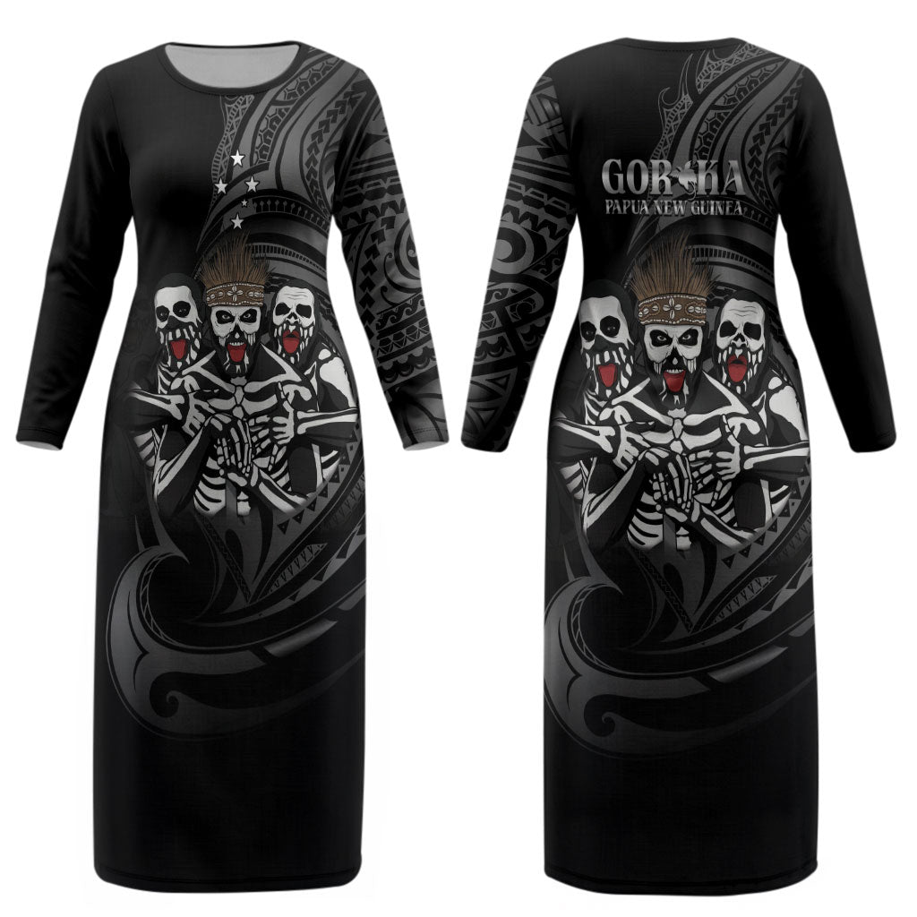 Skeleton Tribe Simbu Province Couples Matching Long Sleeve Bodycon Dress and Hawaiian Shirt Papua New Guinea Indigenous Pattern LT9 - Polynesian Pride