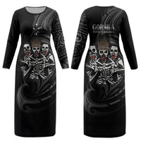 Skeleton Tribe Simbu Province Couples Matching Long Sleeve Bodycon Dress and Hawaiian Shirt Papua New Guinea Indigenous Pattern LT9 - Polynesian Pride
