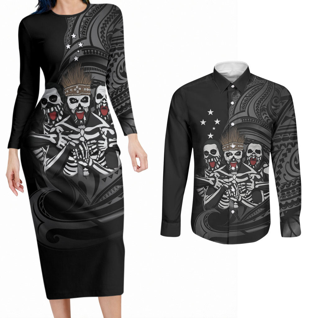 Skeleton Tribe Simbu Province Couples Matching Long Sleeve Bodycon Dress and Long Sleeve Button Shirt Papua New Guinea Indigenous Pattern LT9 Black - Polynesian Pride