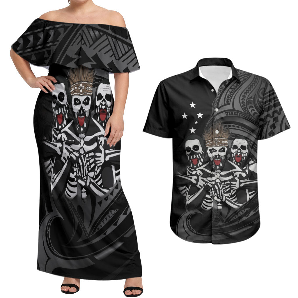 Skeleton Tribe Simbu Province Couples Matching Off Shoulder Maxi Dress and Hawaiian Shirt Papua New Guinea Indigenous Pattern LT9 Black - Polynesian Pride