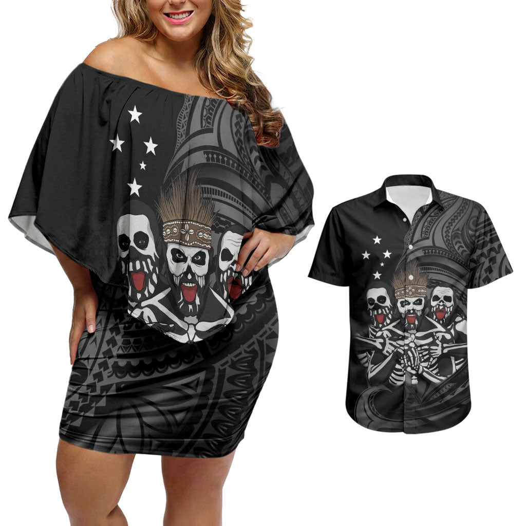 Skeleton Tribe Simbu Province Couples Matching Off Shoulder Short Dress and Hawaiian Shirt Papua New Guinea Indigenous Pattern LT9 Black - Polynesian Pride