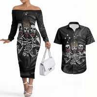 Skeleton Tribe Simbu Province Couples Matching Off The Shoulder Long Sleeve Dress and Hawaiian Shirt Papua New Guinea Indigenous Pattern LT9 Black - Polynesian Pride