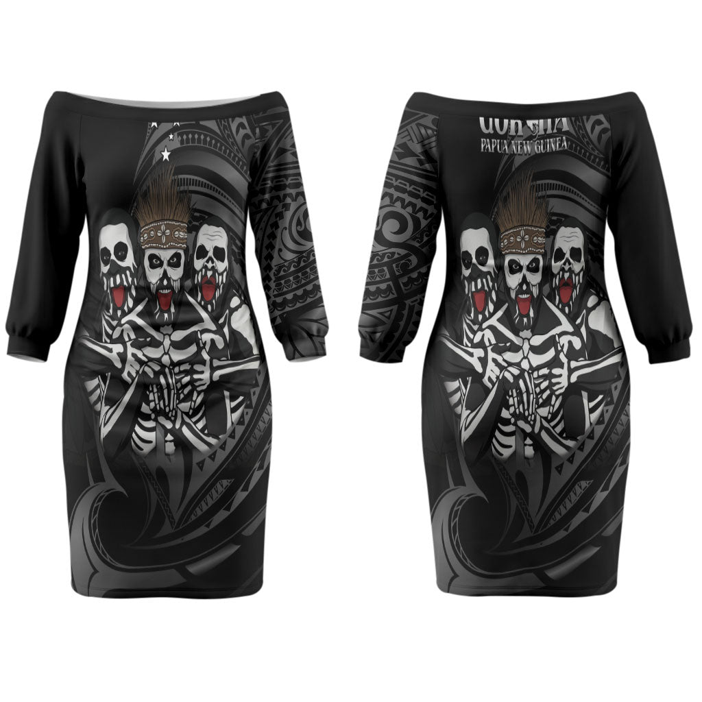 Skeleton Tribe Simbu Province Couples Matching Off The Shoulder Long Sleeve Dress and Hawaiian Shirt Papua New Guinea Indigenous Pattern LT9 - Polynesian Pride