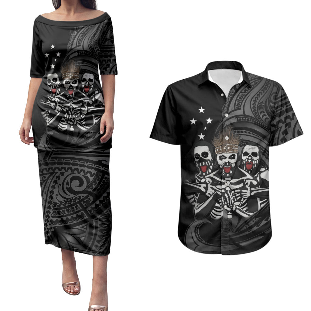 Skeleton Tribe Simbu Province Couples Matching Puletasi and Hawaiian Shirt Papua New Guinea Indigenous Pattern LT9 Black - Polynesian Pride