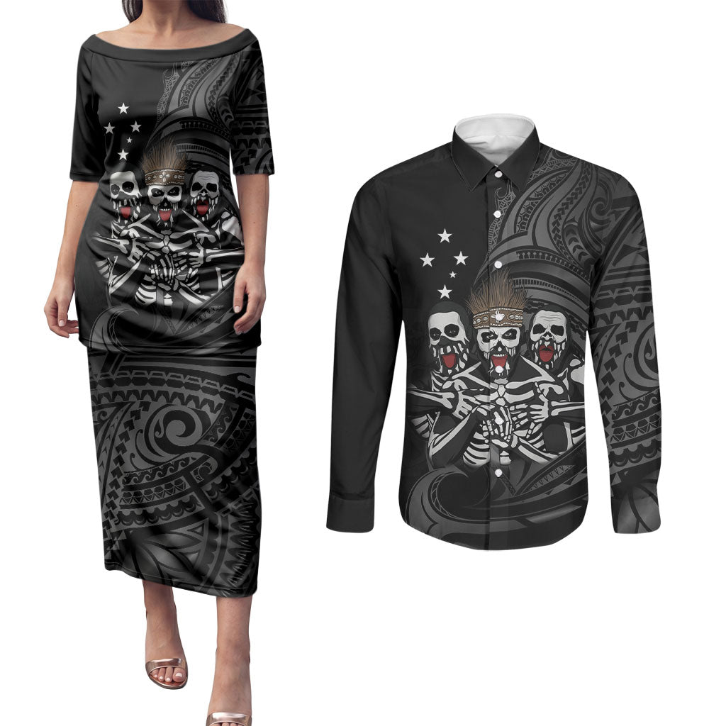 Skeleton Tribe Simbu Province Couples Matching Puletasi and Long Sleeve Button Shirt Papua New Guinea Indigenous Pattern LT9 Black - Polynesian Pride