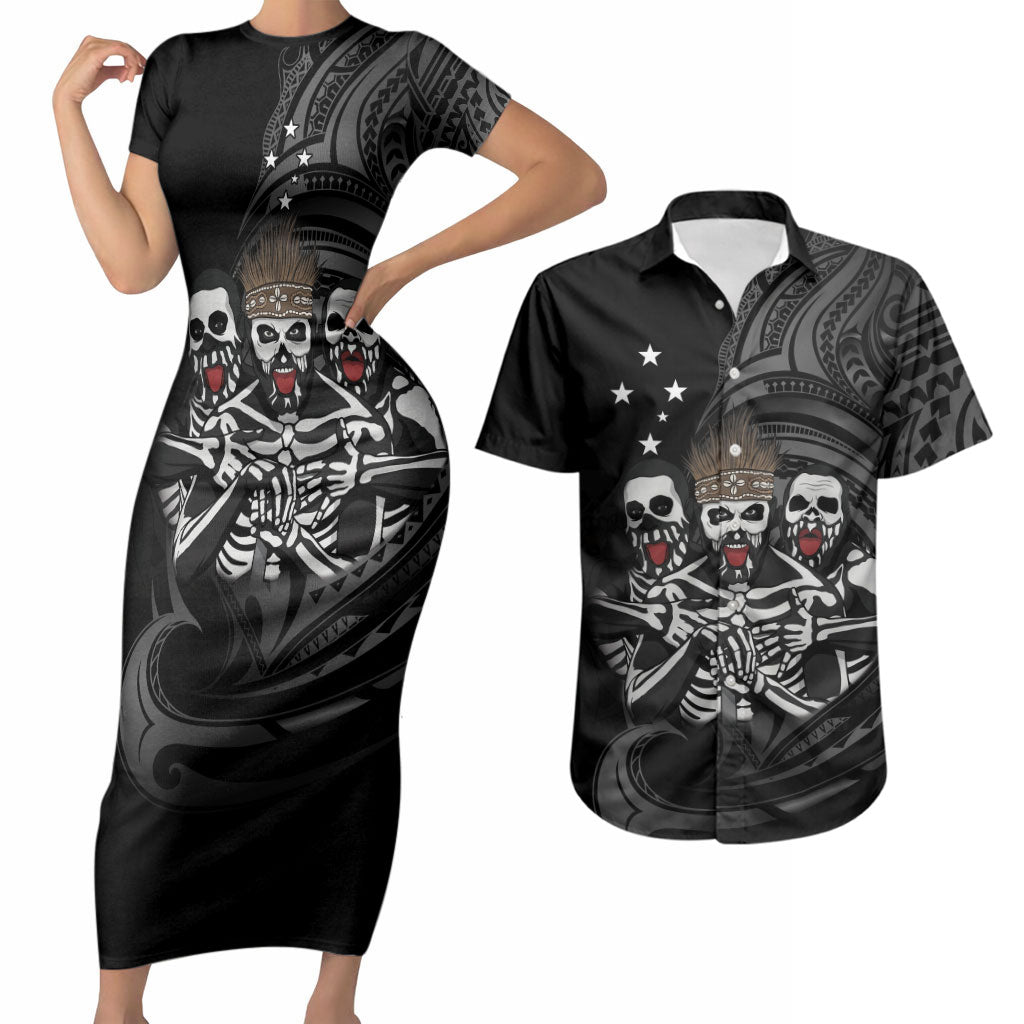 Skeleton Tribe Simbu Province Couples Matching Short Sleeve Bodycon Dress and Hawaiian Shirt Papua New Guinea Indigenous Pattern LT9 Black - Polynesian Pride