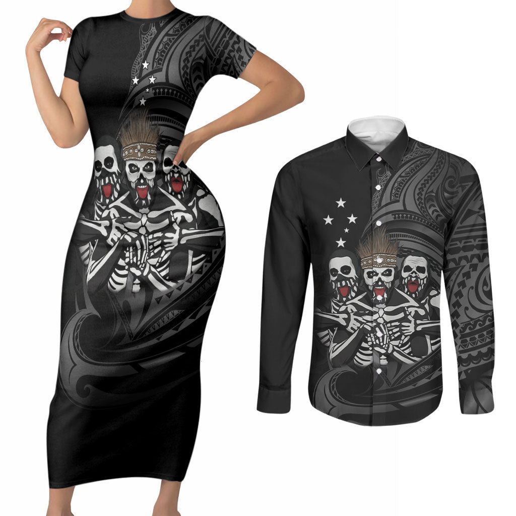 Skeleton Tribe Simbu Province Couples Matching Short Sleeve Bodycon Dress and Long Sleeve Button Shirt Papua New Guinea Indigenous Pattern LT9 Black - Polynesian Pride