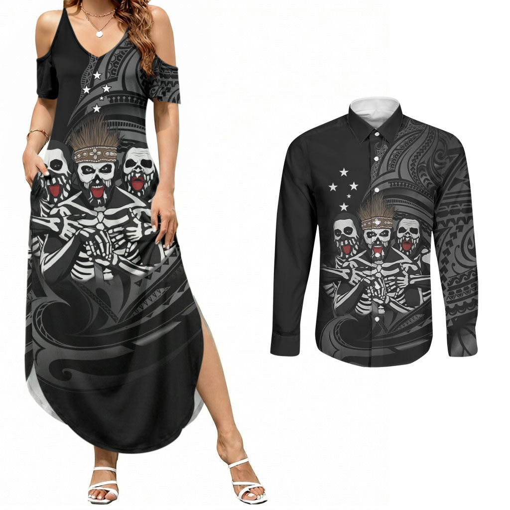 Skeleton Tribe Simbu Province Couples Matching Summer Maxi Dress and Long Sleeve Button Shirt Papua New Guinea Indigenous Pattern LT9 Black - Polynesian Pride