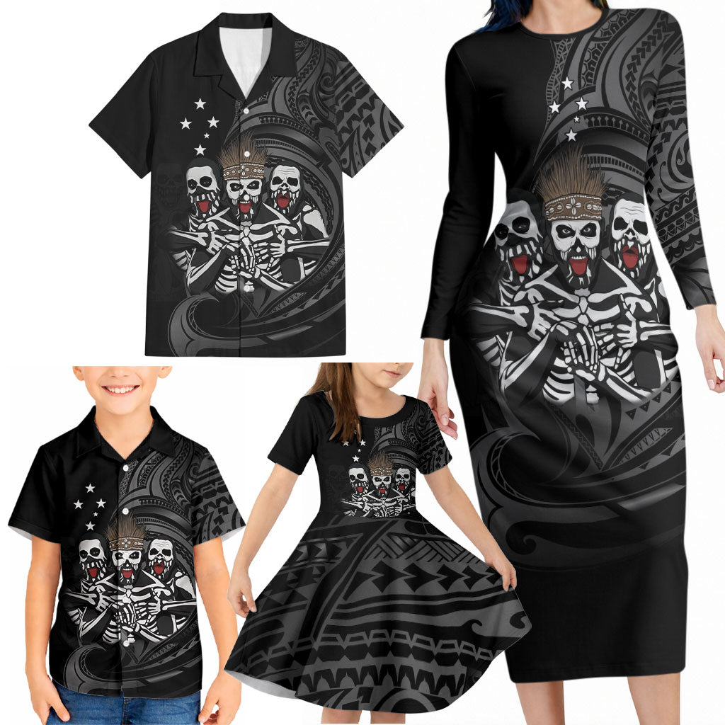 Skeleton Tribe Simbu Province Family Matching Long Sleeve Bodycon Dress and Hawaiian Shirt Papua New Guinea Indigenous Pattern LT9 - Polynesian Pride