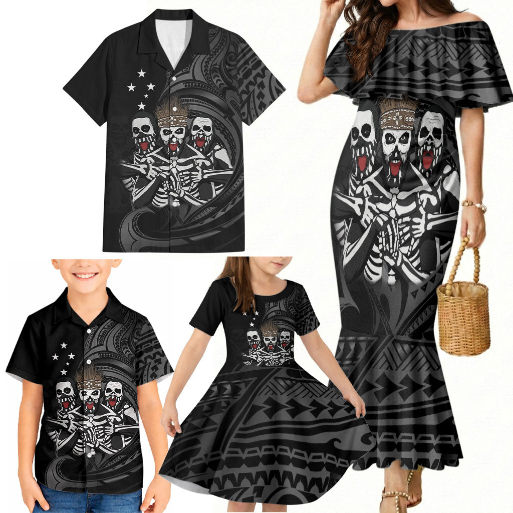 Skeleton Tribe Simbu Province Family Matching Mermaid Dress and Hawaiian Shirt Papua New Guinea Indigenous Pattern LT9 - Polynesian Pride