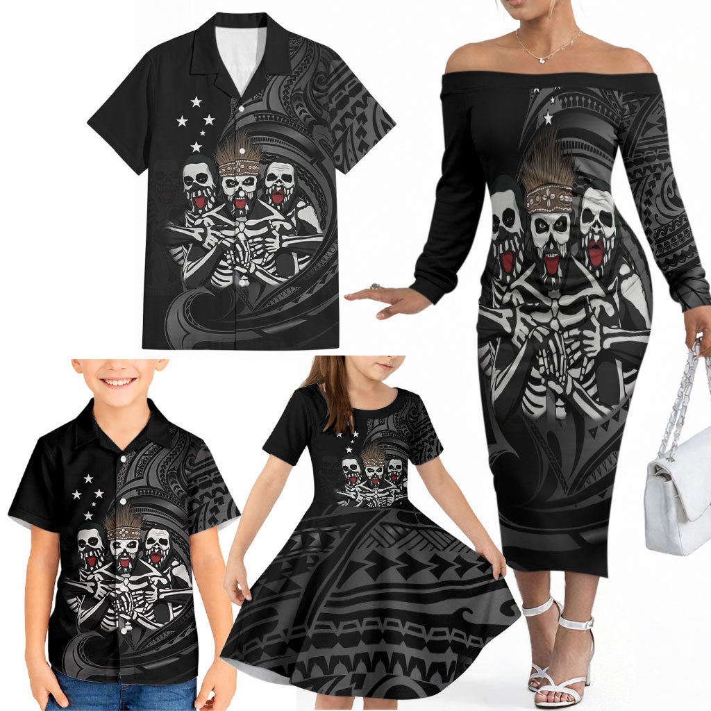 Skeleton Tribe Simbu Province Family Matching Off The Shoulder Long Sleeve Dress and Hawaiian Shirt Papua New Guinea Indigenous Pattern LT9 - Polynesian Pride