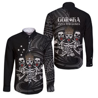 Skeleton Tribe Simbu Province Family Matching Off The Shoulder Long Sleeve Dress and Hawaiian Shirt Papua New Guinea Indigenous Pattern LT9 Dad's Shirt - Long Sleeve Black - Polynesian Pride