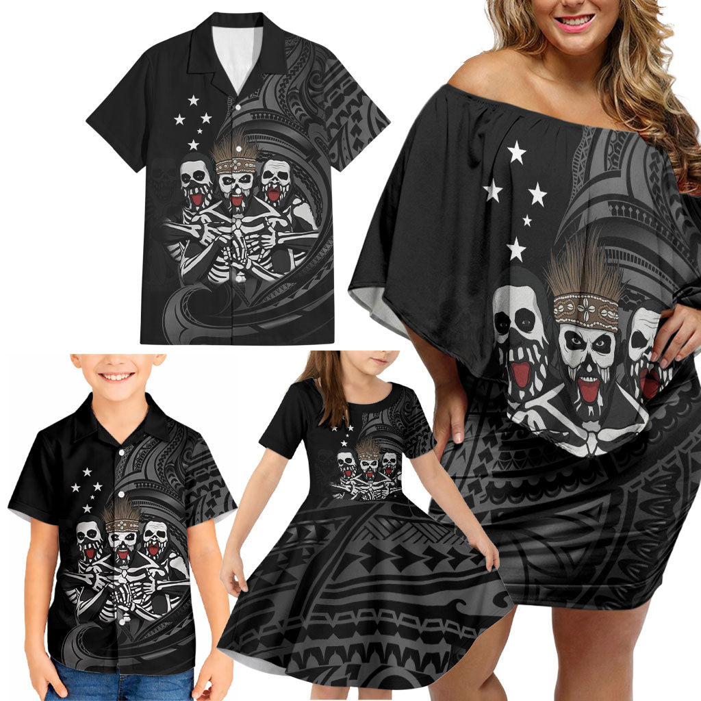 Skeleton Tribe Simbu Province Family Matching Off Shoulder Short Dress and Hawaiian Shirt Papua New Guinea Indigenous Pattern LT9 - Polynesian Pride
