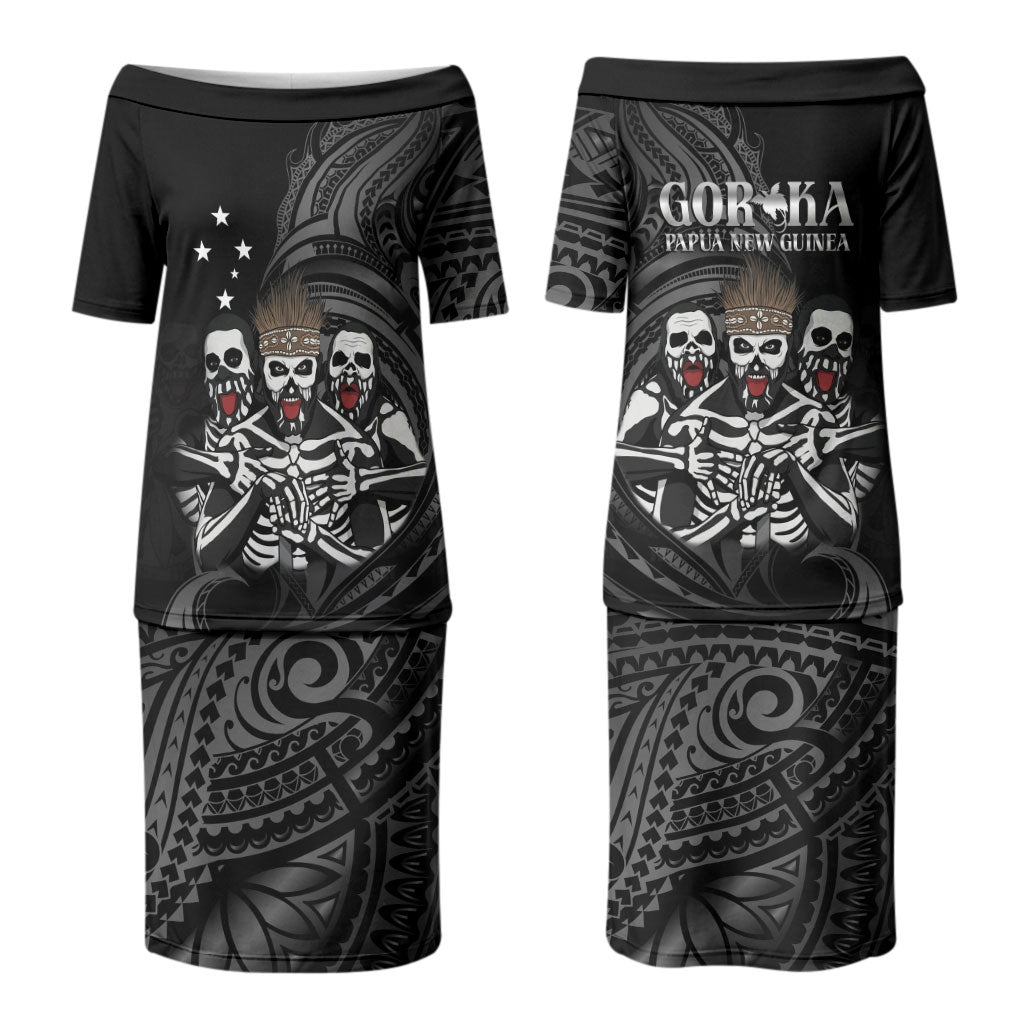 Skeleton Tribe Simbu Province Family Matching Puletasi and Hawaiian Shirt Papua New Guinea Indigenous Pattern LT9 Mom's Dress Black - Polynesian Pride