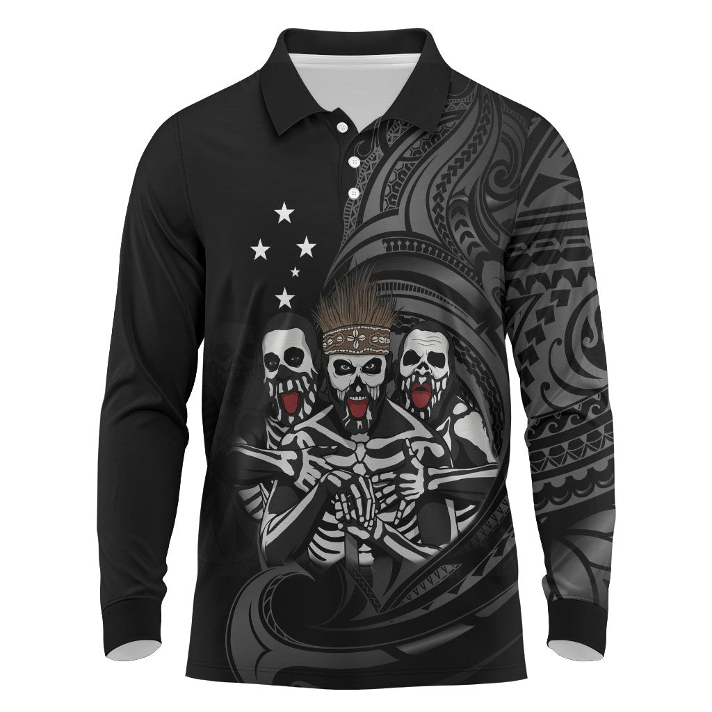 Skeleton Tribe Simbu Province Long Sleeve Polo Shirt Papua New Guinea Indigenous Pattern LT9 Black - Polynesian Pride